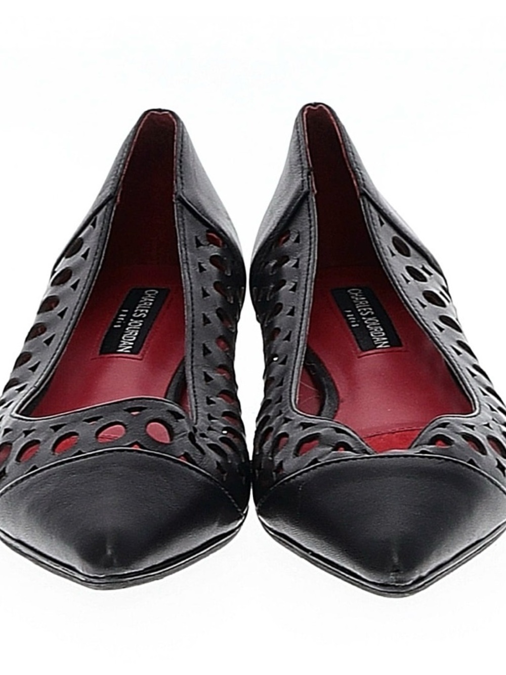 Charles Jourdan Black Leather Pointed Cutout Flats with Red Lining